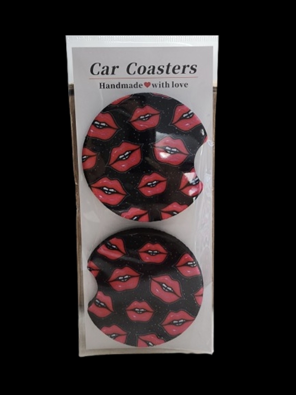 Handmade Black & Pink Lip Print Car Coasters - Women Accessories